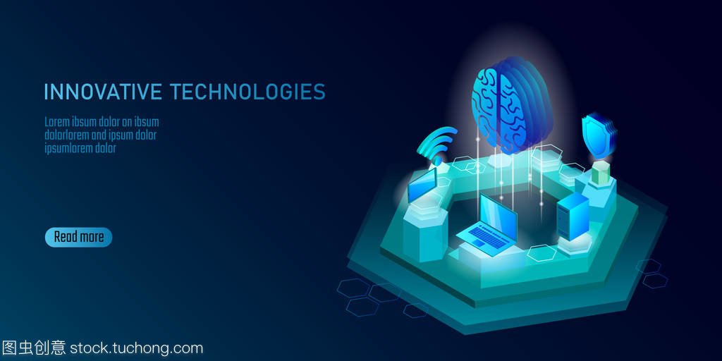 等距人工智能業務概念。藍色發光等距個人信息數據連接 pc 智能手機人腦未來技術。3d 圖表矢量圖